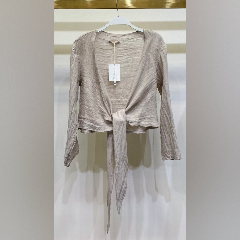 (113108-BGE) LINEN LONG SLEEVE TIE TOP